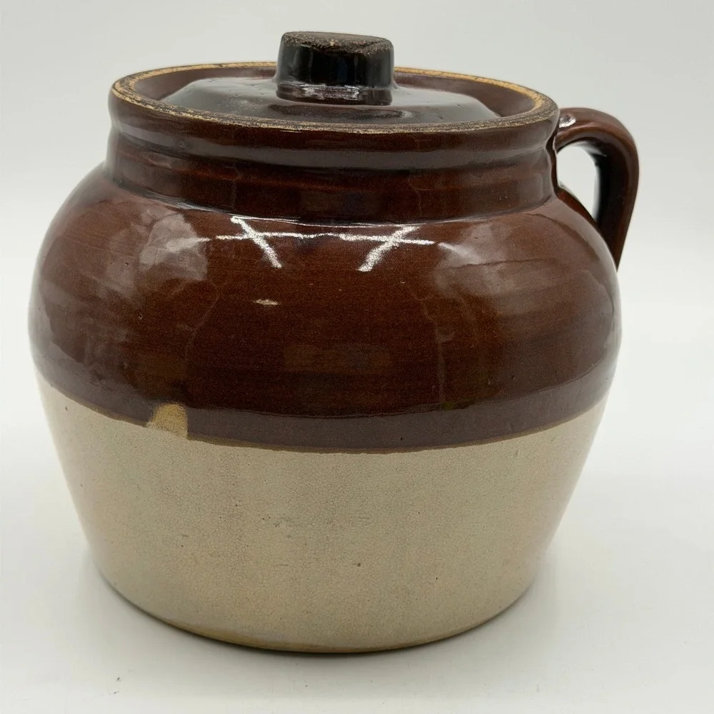 Vintage Robinson Ransbottom Blue Crown 3 Two Tone Stoneware Bean Pot with Lid